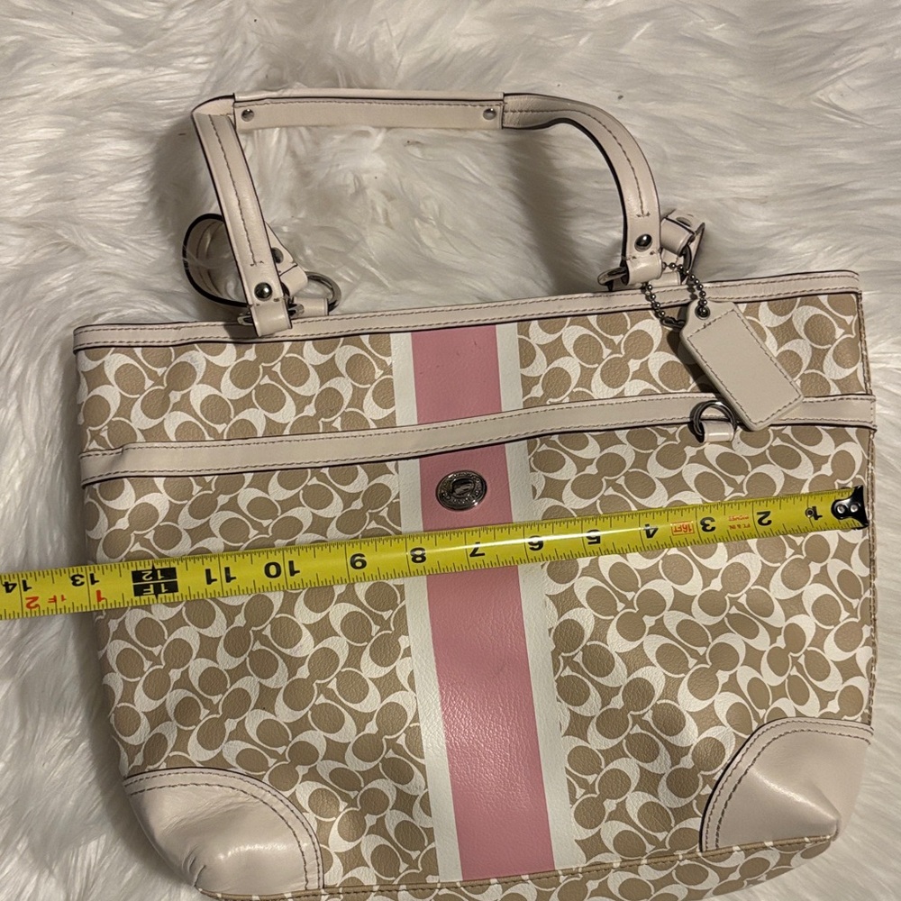 Coach Tan and Pink Heritage Stripe Signature Tote - Picture 6 of 10